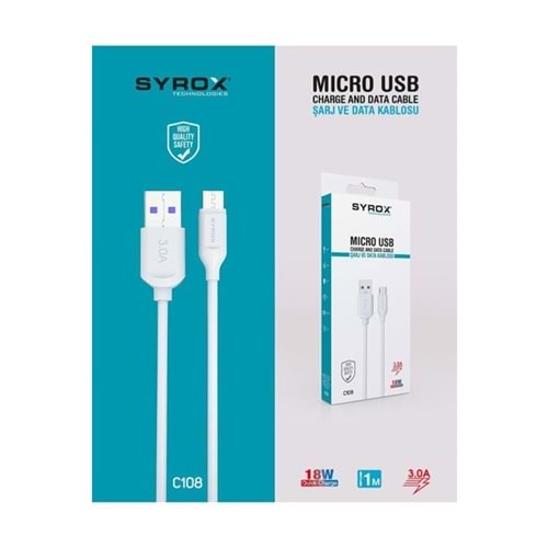 Syrox C108 Micro USB Girişli 18W 3.0A Hızlı Şarj ve Data Kablosu