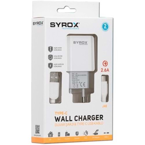 Syrox J48 Type-C Girişli 2.6A Hızlı Şarj Seti