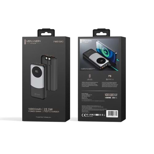 Venandin PWB10A3 10.000 Mah Led Göstergeli 22.5w Hızlı Kendinden kablolu Powerbank
