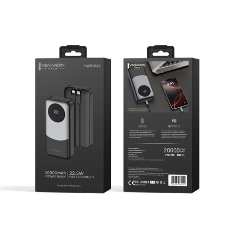 Venandin PWB30A1 30.000 Mah Led Göstergeli 22.5w Hızlı Kendinden kablolu Powerbank