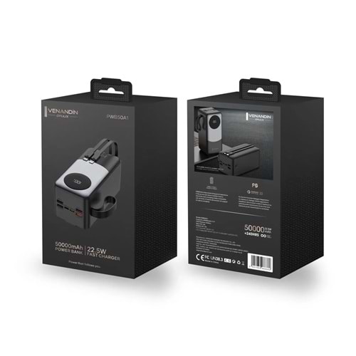 Venandin PWB50A1 50.000 Mah Led Göstergeli 22.5w Hızlı Kendinden kablolu Powerbank