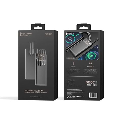 Venandin PWB10A1 10.000 Mah Led Göstergeli 22.5w Hızlı Kendinden kablolu Powerbank