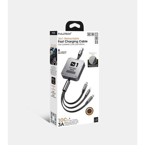 Fulltech FC151 100W 3A 3in1 Geri Çekilebilir Çoklu Hızlı Şarj Kablosu
