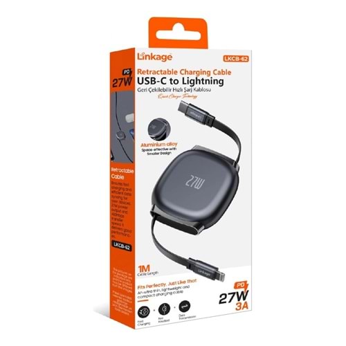 Linkage LKCB-62 Pd 27W 3A, 1metre Usb-C’den Lightning’e Geri Çekilebilir Şarj Kablosu
