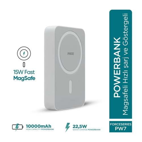 Phixi Force PW7 10000 mAh 15W Manyetik Kablosuz Şarjlı Powerbank