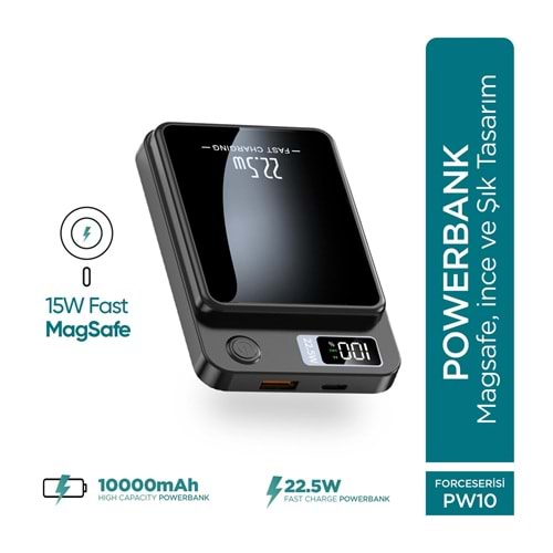 Phixi Force PW10 10000mAh 22.5W MagSafe Powerbank - Kablosuz Mini Şarj Cihazı - 1 USB 1 PD Port - Dijital Ekran - Taşınabilir Şarj Cihazı