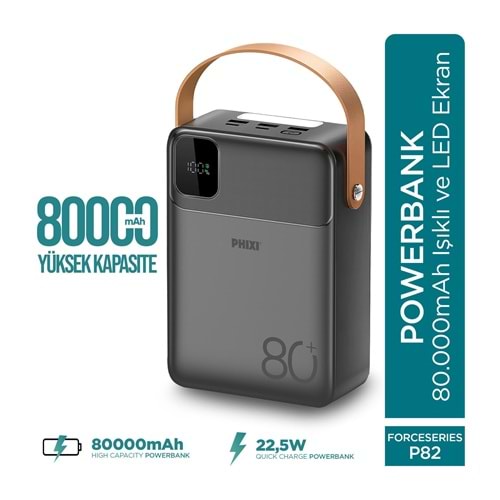 Phixi Ultimate P82 80.000mAh - Hızlı Şarj - Işıklı - LCD Ekranlı - Dahili Kablolu - Powerbank