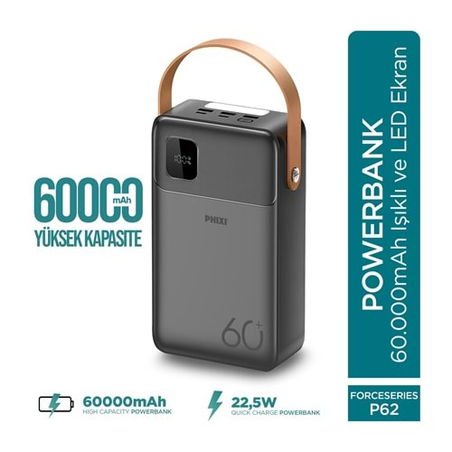 Phixi Ultimate P62 60.000mAh - Hızlı Şarj - Işıklı - LCD Ekranlı - Dahili Kablolu - Powerbank