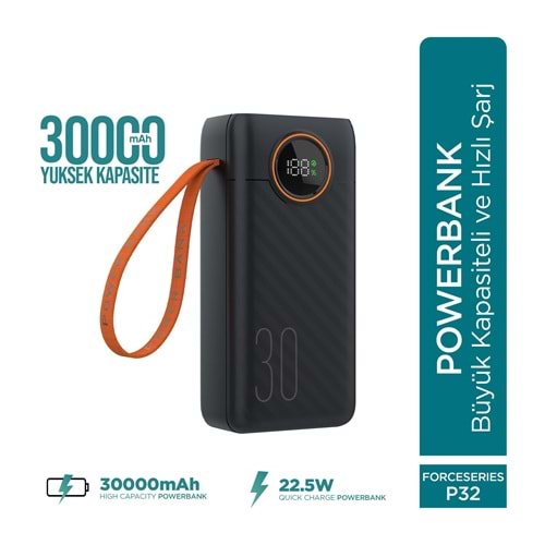 Phixi Force P32 30.000mAh 22.5W Hızlı Şarj Cihazı - Dahili Kablolu - Fast Powerbank - Dijital Ekran - Taşınabilir Şarj Cihazı