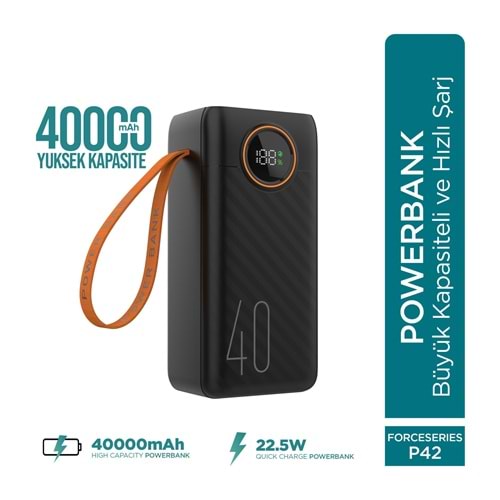 Phixi Force P42 40.000mAh 22.5W Hızlı Şarj Cihazı - Dahili Kablolu - Fast Powerbank - Dijital Ekran - Taşınabilir Şarj Cihazı