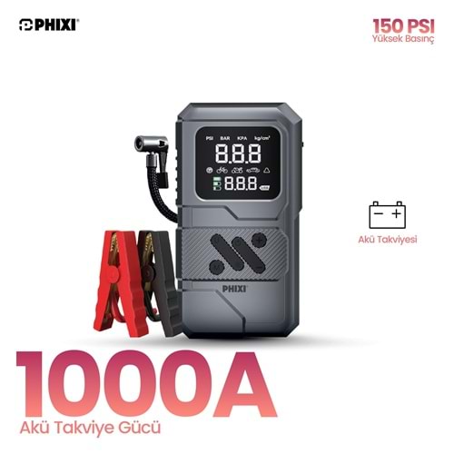 Phixi Smart CP9 250 PSI 8000 mAh Akü Takviyeli Şarjlı Hava Kompresörü