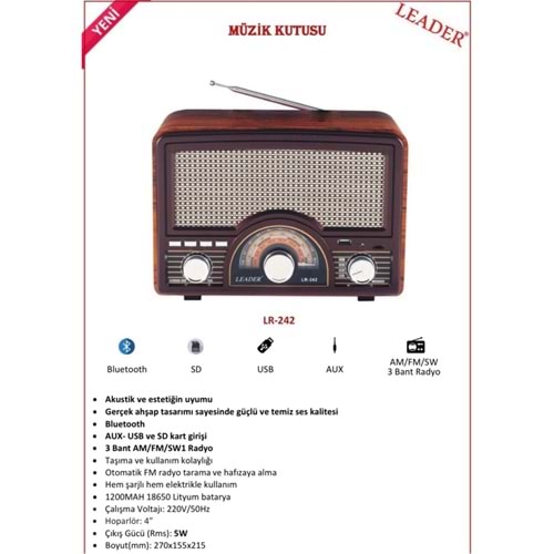 Leader LR-242 Nostaljik Portatif Taşınabilir Radyo