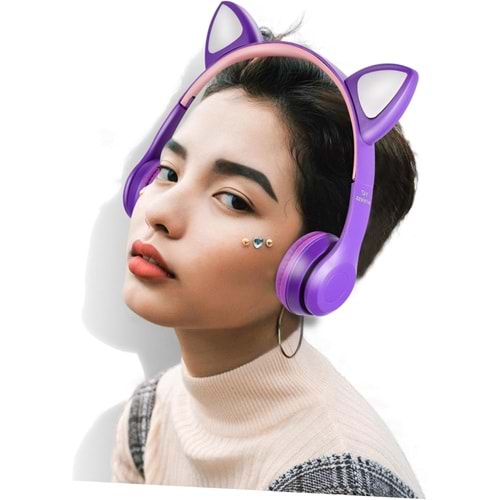 Spiface P47M Bluetooth Ledli Kedi Kulaklık - Mor