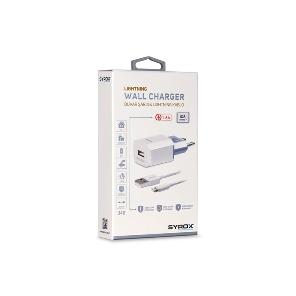 Syrox SYX-J46 iPhone Uyumlu Lightning 1.6 mAh Hızlı Şarj Cihazı