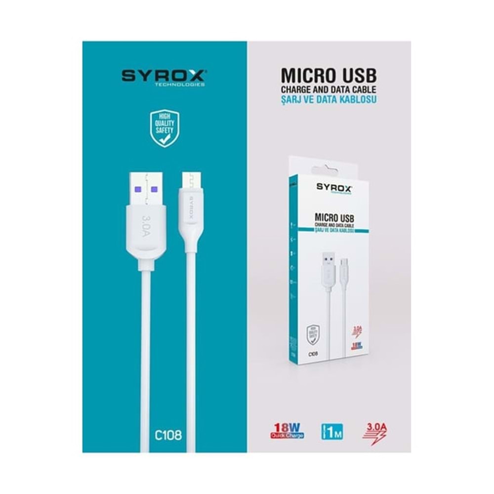 Syrox C108 Micro USB Girişli 18W 3.0A Hızlı Şarj ve Data Kablosu