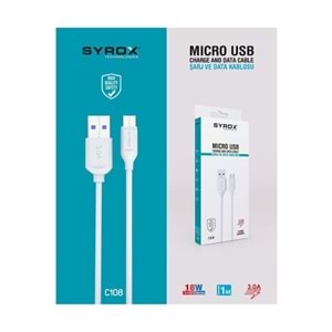 Syrox C108 Micro USB Girişli 18W 3.0A Hızlı Şarj ve Data Kablosu