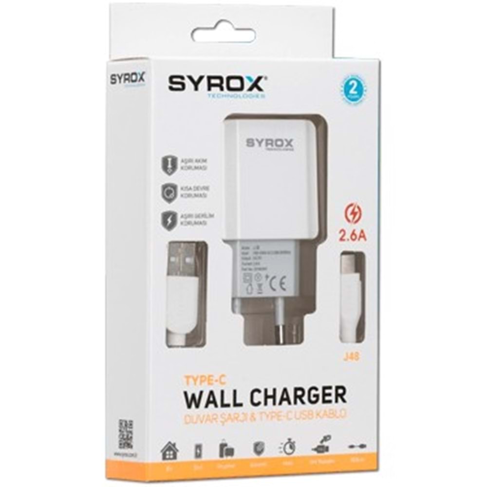 Syrox J48 Type-C Girişli 2.6A Hızlı Şarj Seti