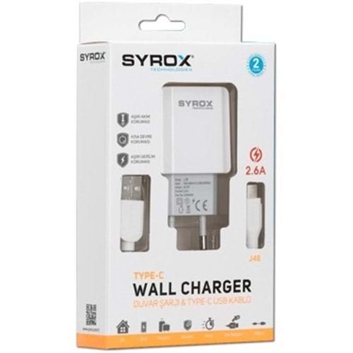 Syrox J48 Type-C Girişli 2.6A Hızlı Şarj Seti