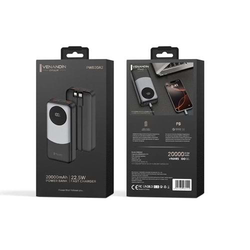 Venandin PWB20A2 20.000 Mah Led Göstergeli 22.5w Hızlı Kendinden kablolu Powerbank