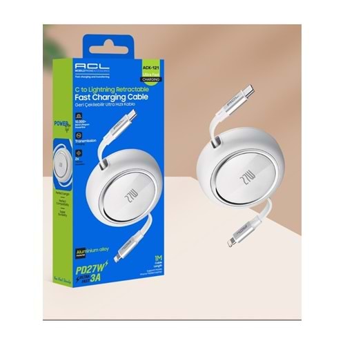 ACL ACK-121 PD27W 3A Teyp-c to Lightning Geri Çekilebilir Ultra Hızlı Şarj Kablosu