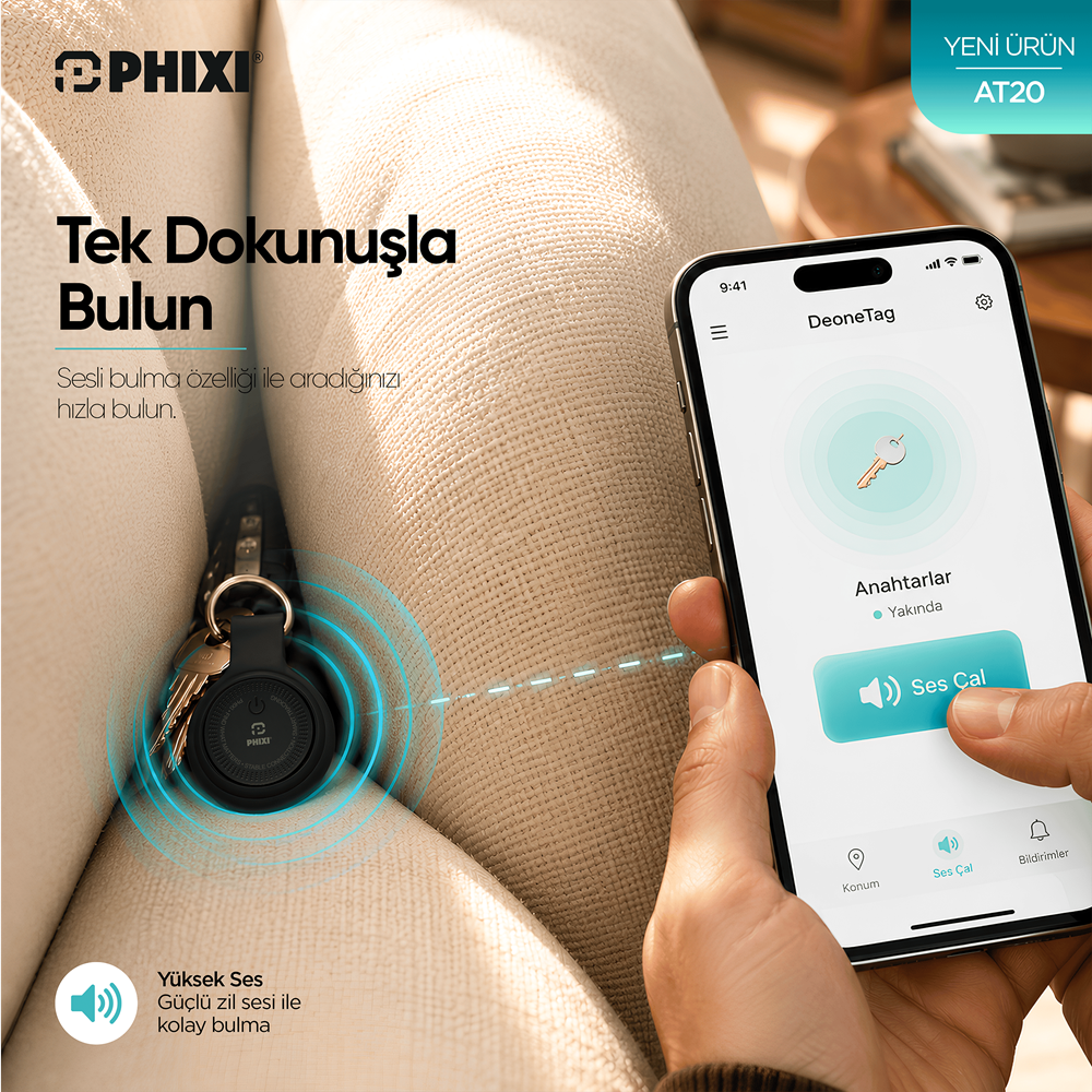 Phixi AT20 Akıllı Eşya Bulucu Takip Etiketi – Uygulama Kontrollü Anahtarlık Tipi