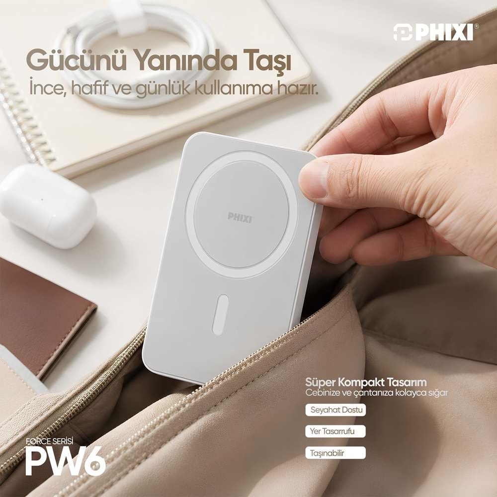 Phixi Force PW6 5000 mAh 15W Ultra İnce Manyetik Kablosuz Powerbank