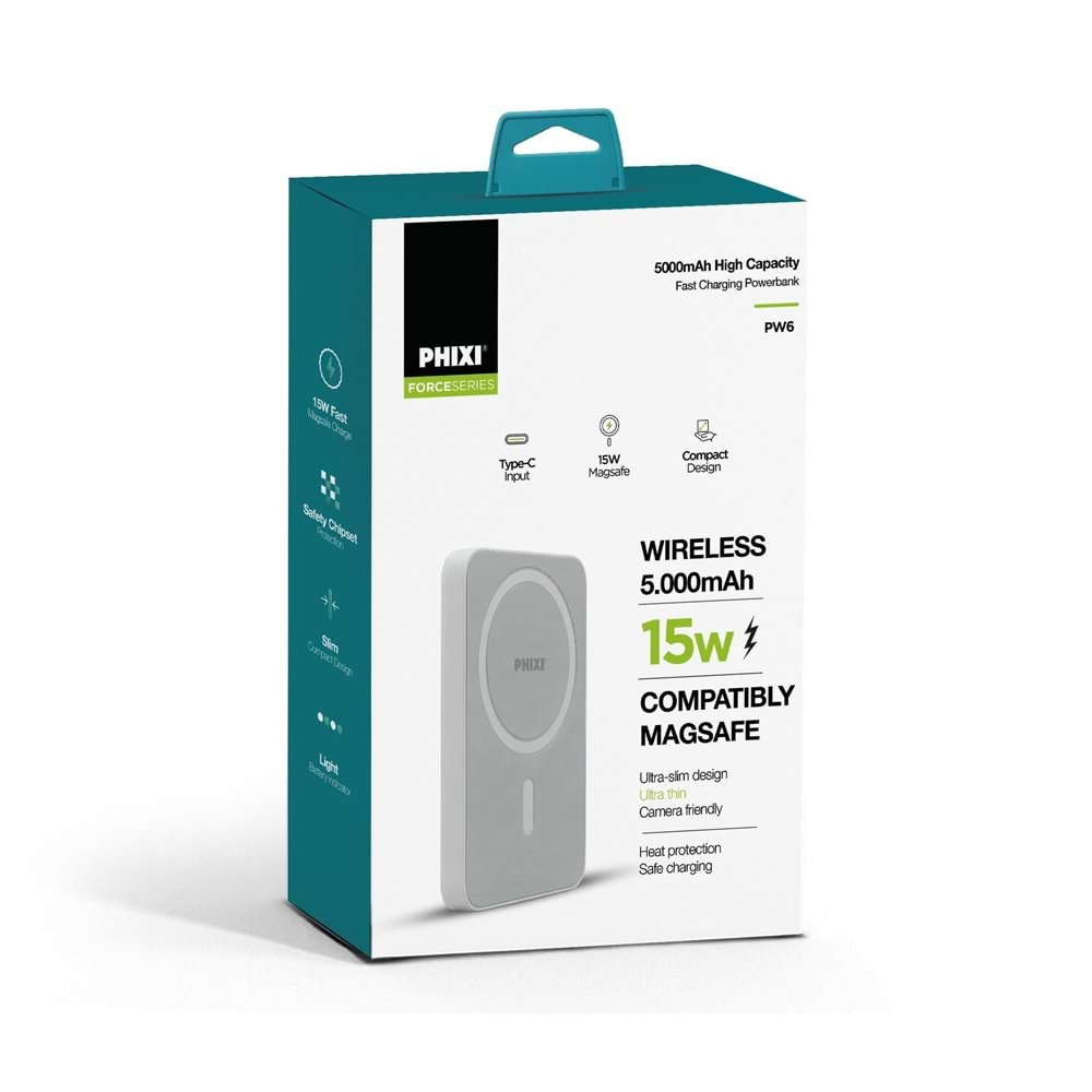 Phixi Force PW6 5000 mAh 15W Ultra İnce Manyetik Kablosuz Powerbank