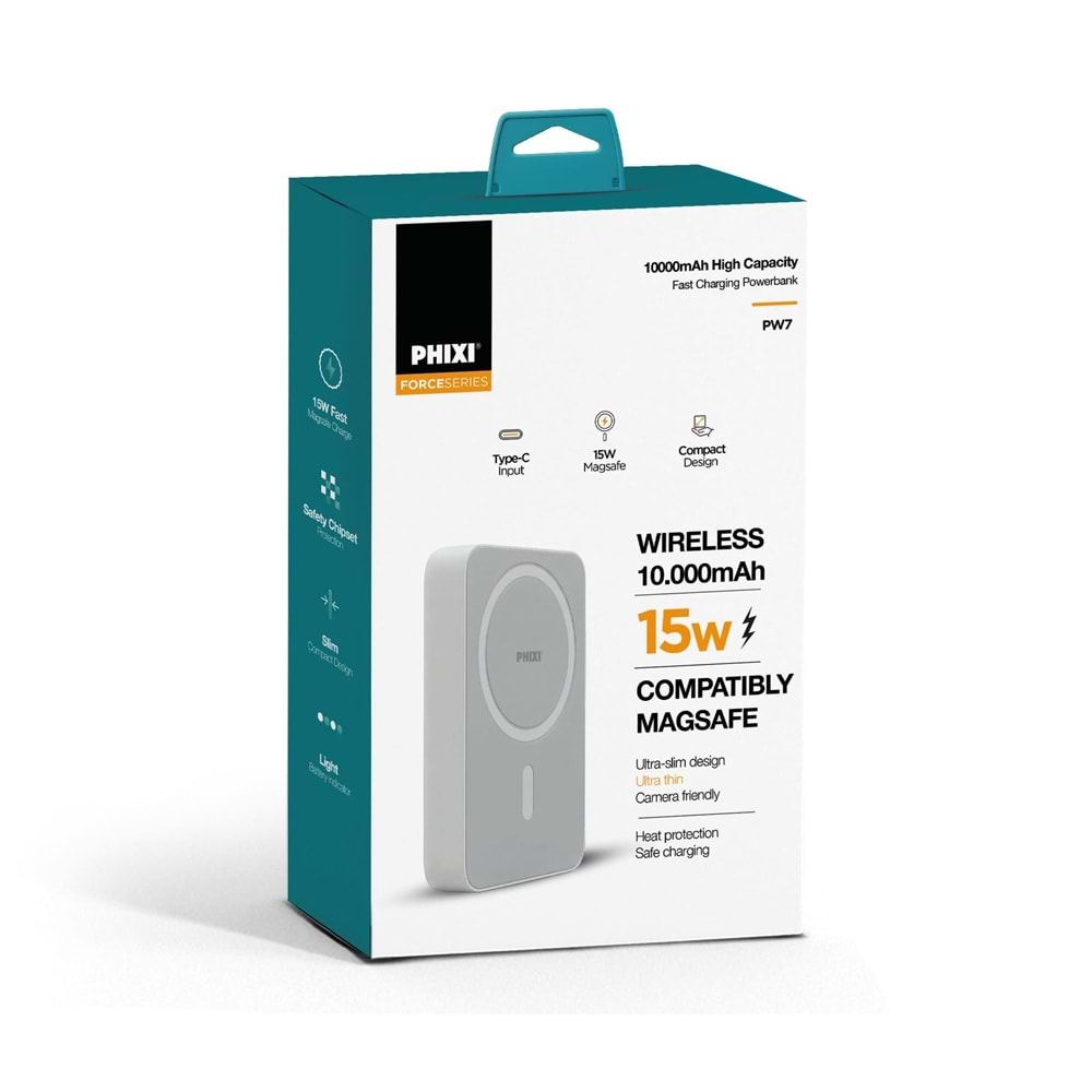 Phixi Force PW7 10000 mAh 15W Manyetik Kablosuz Şarjlı Powerbank