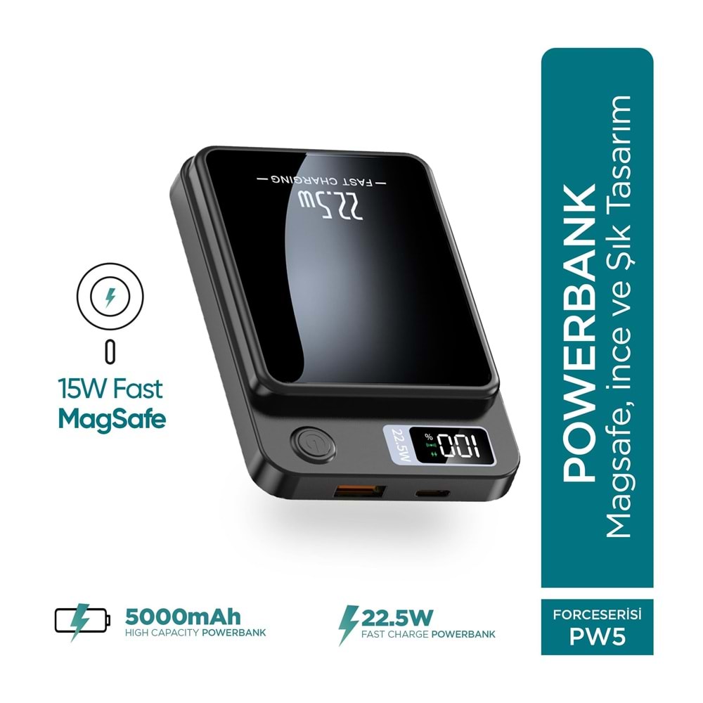 Phixi Force PW5 5000mAh 22.5W MagSafe Powerbank - Kablosuz Mini Şarj Cihazı - 1 USB 1 PD Port - Dijital Ekran - Taşınabilir Şarj Cihazı