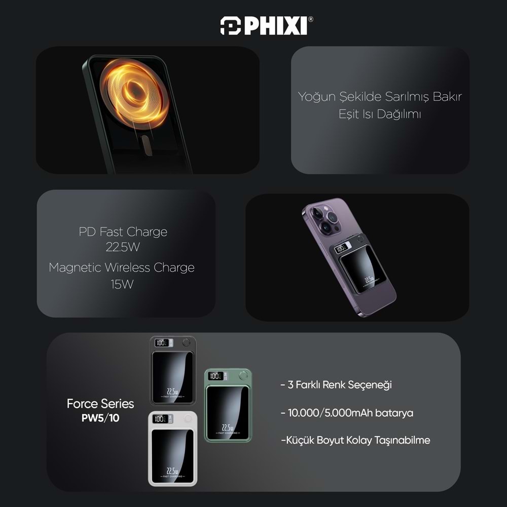 Phixi Force PW5 5000mAh 22.5W MagSafe Powerbank - Kablosuz Mini Şarj Cihazı - 1 USB 1 PD Port - Dijital Ekran - Taşınabilir Şarj Cihazı