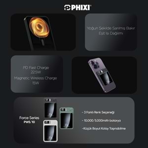 Phixi Force PW5 5000mAh 22.5W MagSafe Powerbank - Kablosuz Mini Şarj Cihazı - 1 USB 1 PD Port - Dijital Ekran - Taşınabilir Şarj Cihazı