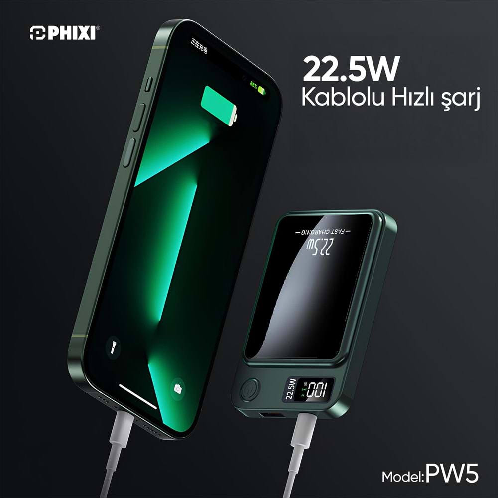 Phixi Force PW5 5000mAh 22.5W MagSafe Powerbank - Kablosuz Mini Şarj Cihazı - 1 USB 1 PD Port - Dijital Ekran - Taşınabilir Şarj Cihazı