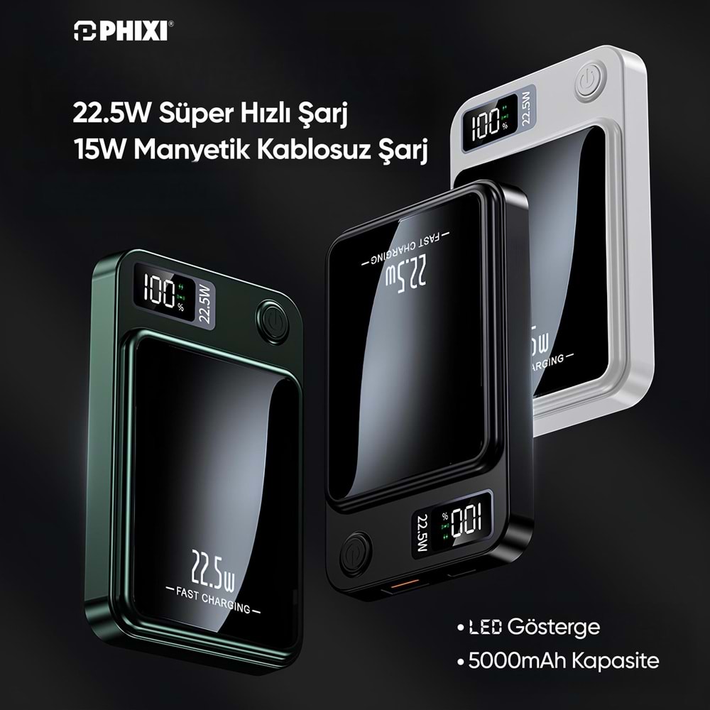 Phixi Force PW5 5000mAh 22.5W MagSafe Powerbank - Kablosuz Mini Şarj Cihazı - 1 USB 1 PD Port - Dijital Ekran - Taşınabilir Şarj Cihazı