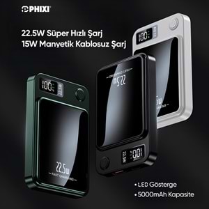 Phixi Force PW5 5000mAh 22.5W MagSafe Powerbank - Kablosuz Mini Şarj Cihazı - 1 USB 1 PD Port - Dijital Ekran - Taşınabilir Şarj Cihazı