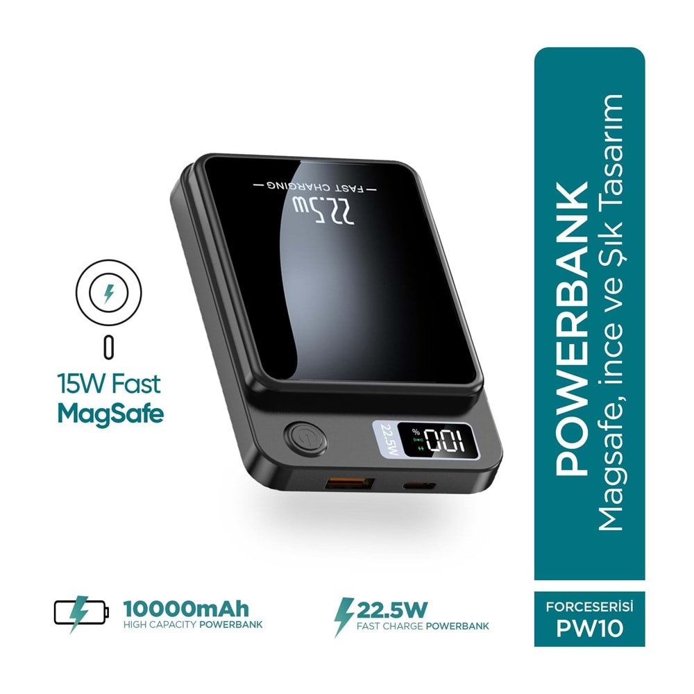 Phixi Force PW10 10000mAh 22.5W MagSafe Powerbank - Kablosuz Mini Şarj Cihazı - 1 USB 1 PD Port - Dijital Ekran - Taşınabilir Şarj Cihazı