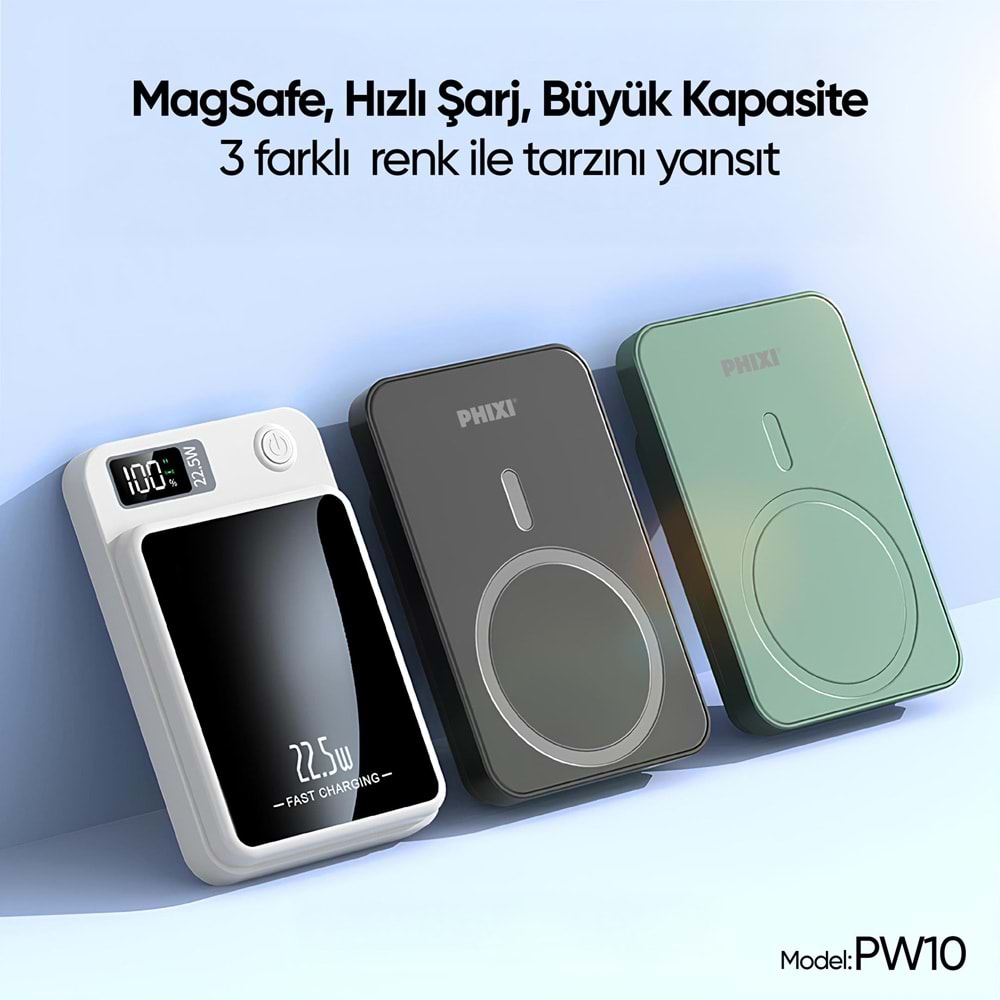 Phixi Force PW10 10000mAh 22.5W MagSafe Powerbank - Kablosuz Mini Şarj Cihazı - 1 USB 1 PD Port - Dijital Ekran - Taşınabilir Şarj Cihazı