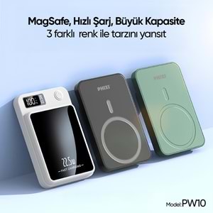 Phixi Force PW10 10000mAh 22.5W MagSafe Powerbank - Kablosuz Mini Şarj Cihazı - 1 USB 1 PD Port - Dijital Ekran - Taşınabilir Şarj Cihazı