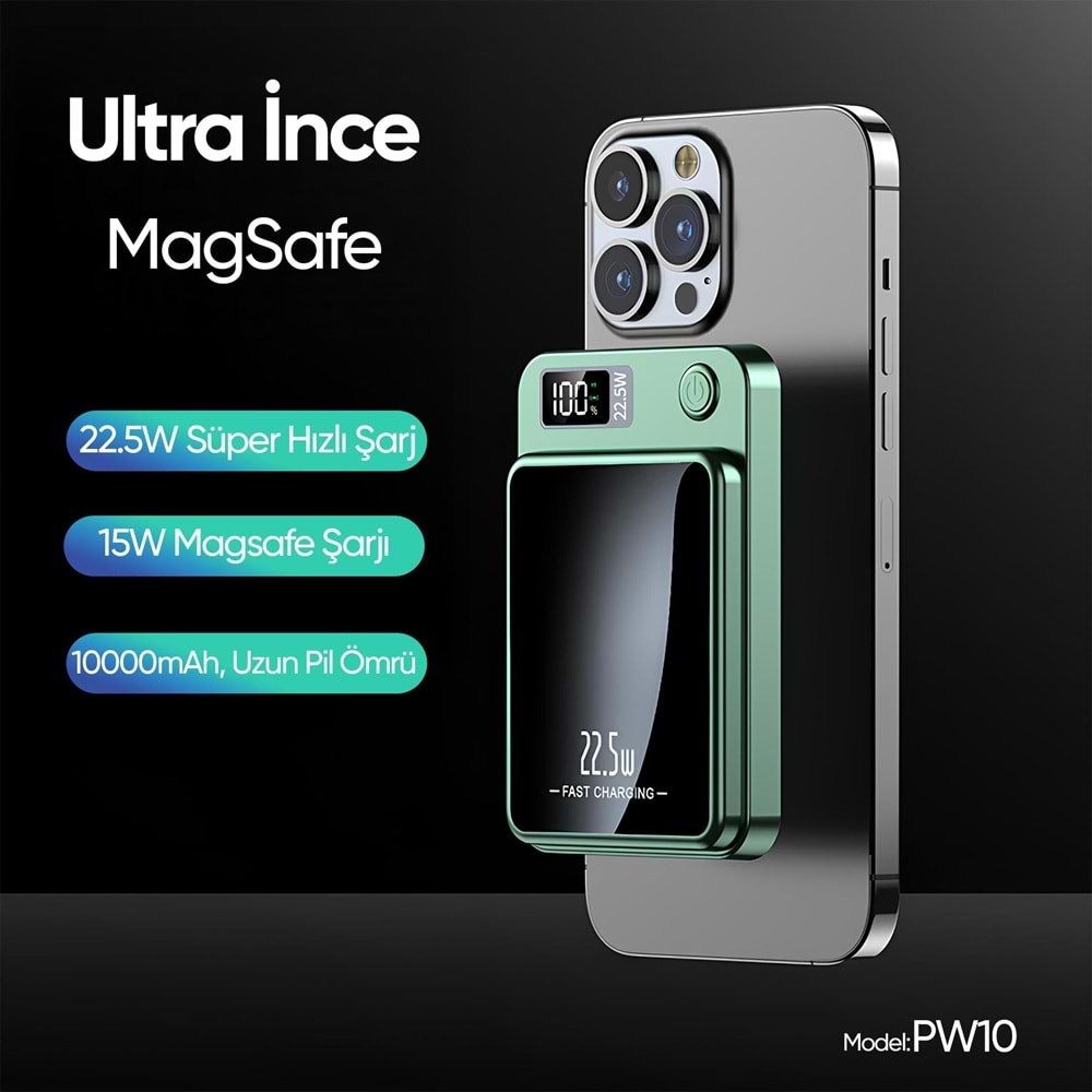 Phixi Force PW10 10000mAh 22.5W MagSafe Powerbank - Kablosuz Mini Şarj Cihazı - 1 USB 1 PD Port - Dijital Ekran - Taşınabilir Şarj Cihazı