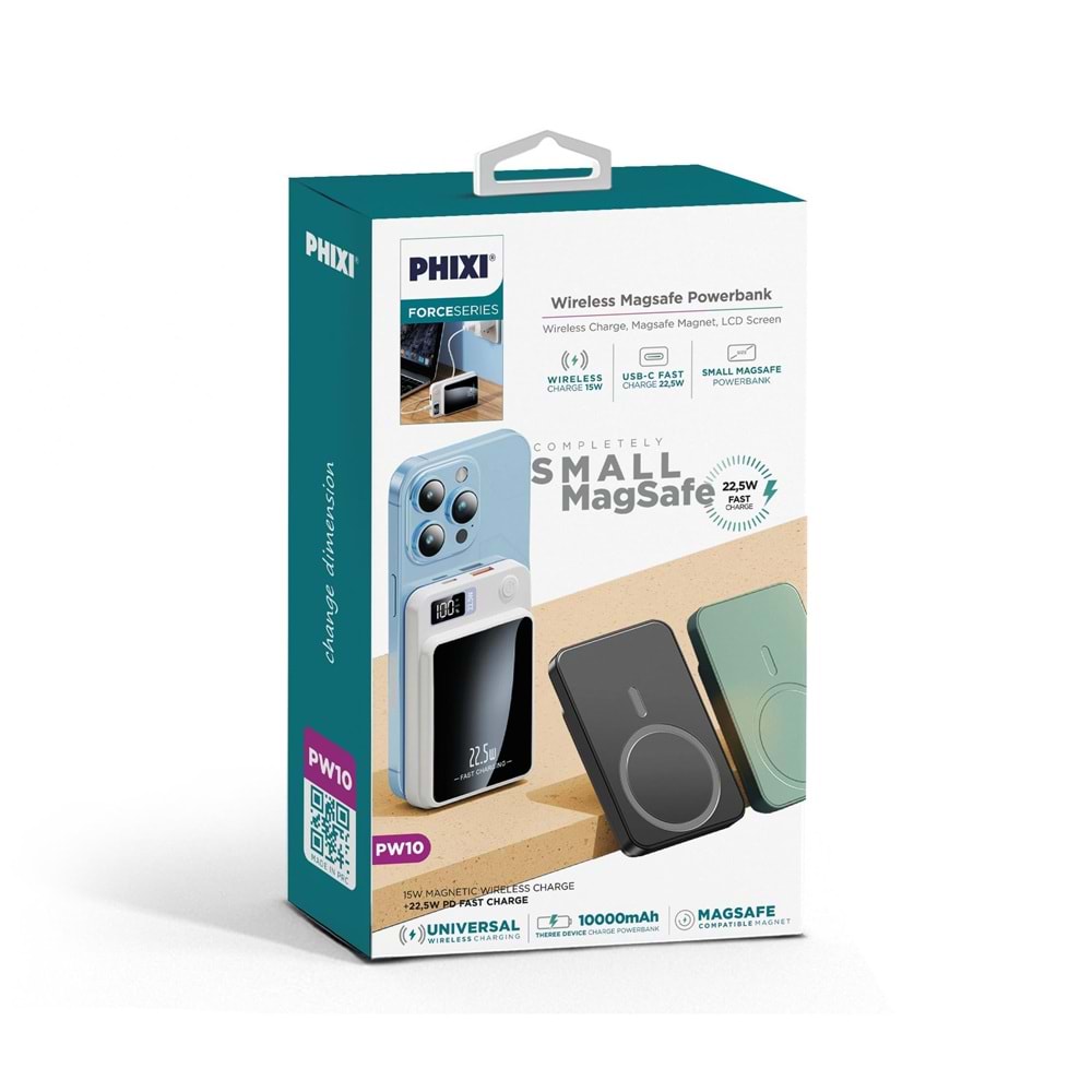 Phixi Force PW10 10000mAh 22.5W MagSafe Powerbank - Kablosuz Mini Şarj Cihazı - 1 USB 1 PD Port - Dijital Ekran - Taşınabilir Şarj Cihazı
