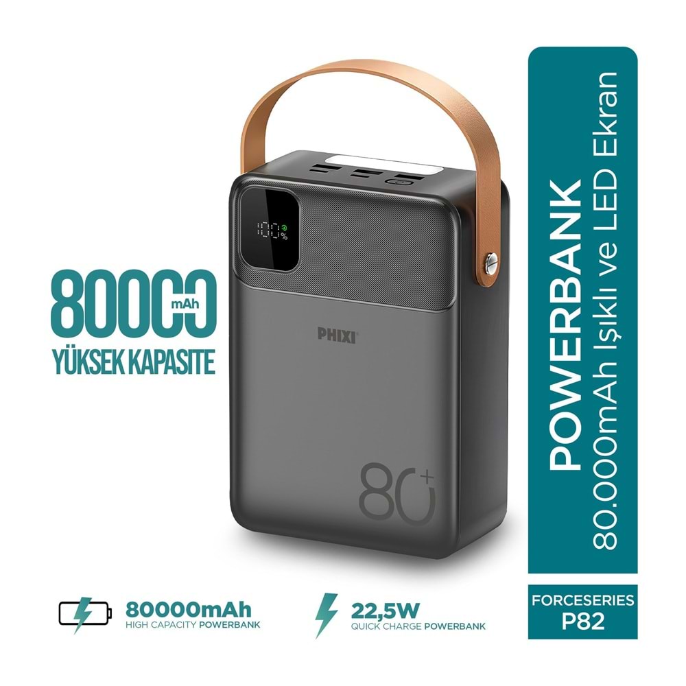 Phixi Ultimate P82 80.000mAh - Hızlı Şarj - Işıklı - LCD Ekranlı - Dahili Kablolu - Powerbank