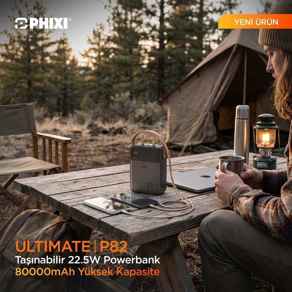 Phixi Ultimate P82 80.000mAh - Hızlı Şarj - Işıklı - LCD Ekranlı - Dahili Kablolu - Powerbank