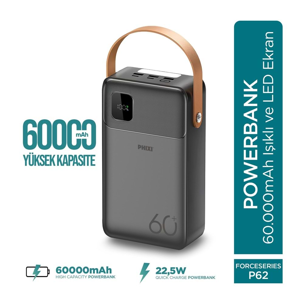 Phixi Ultimate P62 60.000mAh - Hızlı Şarj - Işıklı - LCD Ekranlı - Dahili Kablolu - Powerbank