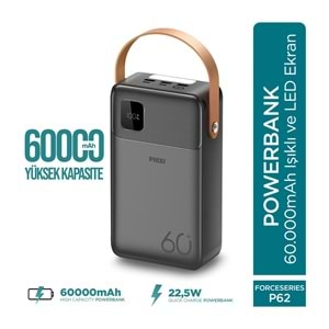 Phixi Ultimate P62 60.000mAh - Hızlı Şarj - Işıklı - LCD Ekranlı - Dahili Kablolu - Powerbank