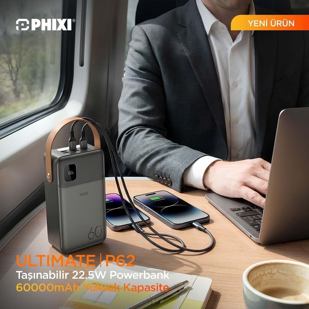 Phixi Ultimate P62 60.000mAh - Hızlı Şarj - Işıklı - LCD Ekranlı - Dahili Kablolu - Powerbank