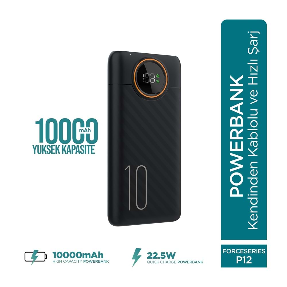 Phixi Force P12 10.000mAh 22.5W Hızlı Şarj Cihazı - Fast Powerbank - Dijital Ekran - Taşınabilir Şarj Cihazı