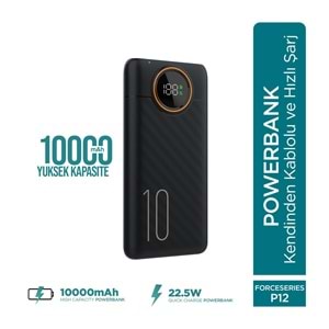 Phixi Force P12 10.000mAh 22.5W Hızlı Şarj Cihazı - Fast Powerbank - Dijital Ekran - Taşınabilir Şarj Cihazı
