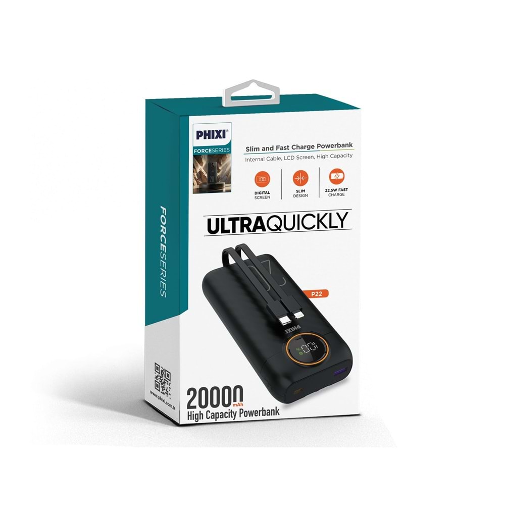 Phixi Force P22 20.000mAh 22.5W Hızlı Şarj Cihazı - Fast Powerbank - Dijital Ekran - Taşınabilir Şarj Cihazı