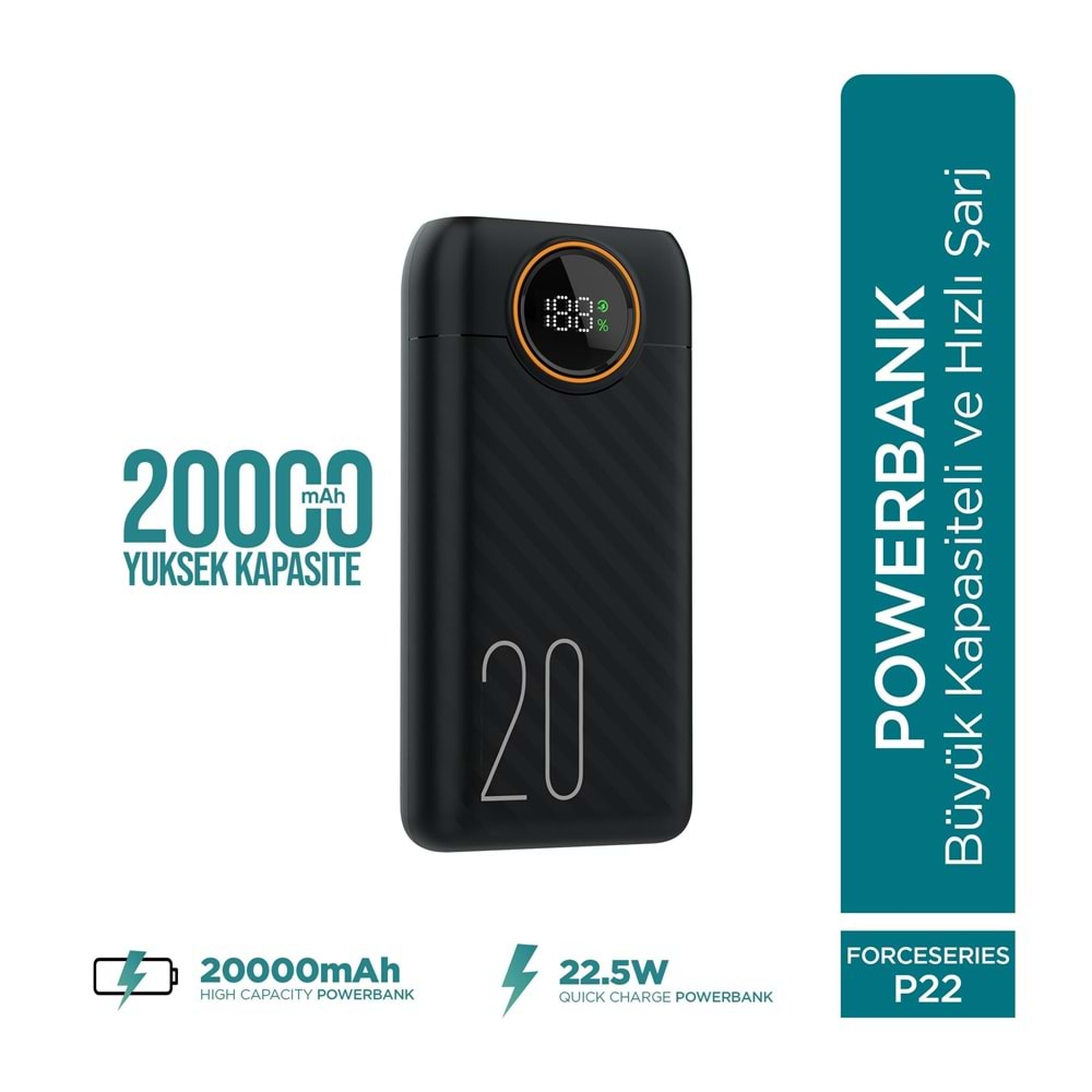 Phixi Force P22 20.000mAh 22.5W Hızlı Şarj Cihazı - Fast Powerbank - Dijital Ekran - Taşınabilir Şarj Cihazı