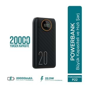 Phixi Force P22 20.000mAh 22.5W Hızlı Şarj Cihazı - Fast Powerbank - Dijital Ekran - Taşınabilir Şarj Cihazı