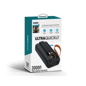 Phixi Force P32 30.000mAh 22.5W Hızlı Şarj Cihazı - Dahili Kablolu - Fast Powerbank - Dijital Ekran - Taşınabilir Şarj Cihazı